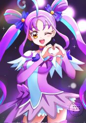  1girl ahoge boots bow breasts brooch choker cosplay cure_kyunkyun cure_sword cure_sword_(cosplay) dokidoki!_precure hair_ornament heart heart_brooch heart_hands highres idol_heart_brooch jewelry kimi_to_idol_precure long_hair looking_at_viewer magical_girl momotarouooi one_eye_closed precure purple_arm_warmers purple_bow purple_choker purple_hair purple_skirt purple_thighhighs season_connection shigure_kokoro skirt smile stage_lights thighhighs twintails watermark yellow_eyes 