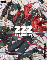  2boys ahoge anniversary arm_up artist_name belt belt_buckle billy_kid black_belt black_boots black_gloves black_jacket black_pants blue_pants boots buckle chain commentary_request confetti cropped_jacket gloves green_eyes green_hair grey_background grin hair_over_one_eye hand_up highres humanoid_robot index_finger_raised jacket jumping lapels leather leather_jacket lighter_(zenless_zone_zero) long_sleeves looking_at_viewer male_focus multiple_boys one_eye_covered open_clothes open_jacket pants parted_bangs pouch red_jacket red_scarf robot robot_boy s54nkasn scarf sheriff_badge short_hair sideways_glance smile spiked_belt spiked_hair spiked_jacket spikes streamers studded_belt sunglasses thigh_pouch thigh_strap twitter_username v-shaped_eyebrows wallet_chain watermark white_hair yellow_eyes zenless_zone_zero zipper 