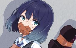  1girl gag green_eyes improvised_gag kurokawa_akane looking_at_viewer oshi_no_ko peril raftetram restrained scared shadow short_hair solo sweat tape tape_gag 