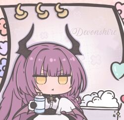  1girl :t artist_name azur_lane bat_wings black_bow black_dress black_horns bottle bow breasts character_name chibi chibi_only commentary demon_horns devonshire_(azur_lane) dress framed_breasts futaba_(anti_clockwise) holding holding_bottle horns large_breasts looking_at_viewer low_wings purple_hair sleeves_past_fingers sleeves_past_wrists solo symbol-only_commentary wings yellow_eyes 