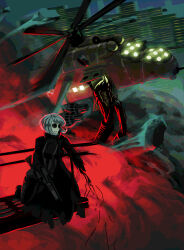  1boy 1girl aircraft animate_object attack_helicopter black_bodysuit black_coat bleeding blood bodysuit bodysuit_under_clothes breasts bruise bruised_eye building cable catwalk_(walkway) city_lights coat commentary damaged debris explosion floating_hair glowing_windows gun helicopter high_up highres holding holding_gun holding_weapon injury ivantsg john_(peripeteia) kneeling ks-23 marie_(peripeteia) medium_breasts medium_hair mi-24 military_vehicle missing_limb motion_blur night night_sky open_clothes open_coat outdoors painterly peripeteia polish_air_force_checkerboard popped_collar red_light shotgun sky skyline skyscraper smoke trench_coat turning_head weapon 