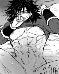  2boys abs bed bed_sheet blush bottomless broly_(dragon_ball_super) clothes_lift cum cum_on_body cum_on_legs cum_on_stomach dragon_ball dragon_ball_super dragon_ball_super_broly facial_scar from_above fur_(clothing) gogeta hair_between_eyes hand_on_another&#039;s_thigh hand_to_own_mouth legs_apart long_sleeves looking_at_another lying male_focus medium_hair multiple_boys muscular muscular_male navel nipples on_back on_bed out-of-frame_censoring parted_lips partially_undressed pectorals pov pov_hands scar scar_on_cheek scar_on_chest scar_on_face scar_on_stomach shirt shirt_lift spiked_hair sweat wristband yaoi 