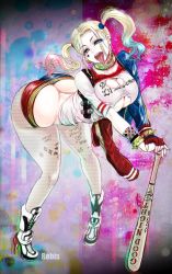  1girl ass boots butt_crack dc_comics female_focus harley_quinn highres huge_ass looking_at_viewer open_mouth rebis short_shorts shorts solo spikes thick_thighs thighs tongue tongue_out warner_bros.  rating:Explicit score:35 user:Adam_McCall