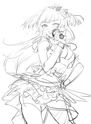  1girl belt blush breasts commentary_request cowboy_shot frilled_skirt frilled_sleeves frills hair_ornament hands_on_own_hips holding holding_microphone idol idolmaster idolmaster_shiny_colors jacket long_hair looking_at_viewer mayuzumi_fuyuko medium_breasts microphone monochrome music one_eye_closed short_sleeves simple_background singing sketch skirt solo two_side_up ukimesato white_background wink  rating:General score:1 user:borgo42