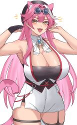  1girl absurdres animal_ear_fluff animal_ears armpits ascot bare_shoulders belt beret black_belt black_gloves black_hat black_tank_top blue_gemstone blush breasts chaseart cleavage commentary english_commentary eyeshadow fangs gem gloves goggles goggles_on_head hair_intakes half_gloves hands_up hat highres hololive hololive_english huge_breasts jewelry legwear_garter long_hair looking_at_viewer makeup multicolored_hair open_mouth panther_ears panther_girl panther_tail pink_eyeshadow pink_hair raora_panthera raora_panthera_(1st_costume) ring shirt shorts simple_background single_half_glove single_legwear_garter single_thighhigh skindentation smile solo streaked_hair tail tank_top thick_thighs thigh_strap thighhighs thighs two-tone_hair virtual_youtuber white_ascot white_background white_hair white_shirt white_shorts white_thighhighs yellow_eyes 