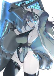  1girl armpits beya7771 black_gloves blue_eyes blue_hair breasts cape curvy cyborg dark_blue_hair gloves horns large_breasts original pale_skin robe robot solo swimsuit tagme tall_female thighhighs weapon  rating:Sensitive score:10 user:EyeViewer