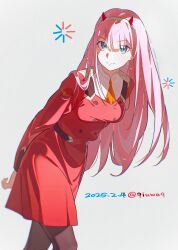  1girl absurdres arms_behind_back artist_name black_pantyhose breasts closed_mouth commentary darling_in_the_franxx dated dress green_eyes highres horns light_blush long_hair looking_at_viewer medium_breasts pantyhose pink_hair qiuwaq red_dress red_horns smile solo twitter_username zero_two_(darling_in_the_franxx) 
