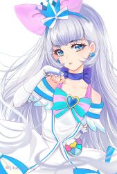  1girl :p aqua_bow aqua_bowtie bag_bow bare_shoulders blue_bow blue_brooch blue_choker blue_crown blue_eyes blue_hairband blue_sleeves blunt_bangs bow bow_choker bowtie brooch choker clenched_hand closed_mouth clothing_cutout collarbone cowboy_shot crown crown_earrings cure_nyammy dress dress_bow earrings expressionless eyelashes feather-trimmed_sleeves grey_hair hair_bow hairband heart heart_brooch highres jewelry lace-trimmed_arm_warmers large_bow light_blush long_hair magical_girl mini_crown multicolored_bow nekoyashiki_yuki paw_pose pink_bow precure short_sleeves shoulder_cutout simple_background single_stripe solo standing straight_hair strap striped_bow striped_bowtie striped_clothes striped_sleeves tongue tongue_out twitter_username uta_(yagashiro25) very_long_hair waist_bag white_arm_warmers white_background white_bag white_bow white_dress wonderful_precure! yellow_pupils 