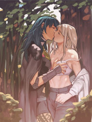 2girls against_tree arm_guards bra breasts female_byleth_(fire_emblem) cleavage closed_eyes collarbone edelgard_von_hresvelg fire_emblem fire_emblem:_three_houses grabbing_another&#039;s_breast green_hair groping highres kiss long_hair multiple_girls nintendo off-shoulder_shirt off_shoulder pantyhose plant radiostarkiller shade shirt silver_hair stomach strap_slip toned tree underwear undressing yuri rating:Questionable score:75 user:danbooru