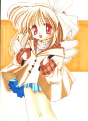  1girl 2000s_(style) :d bad_id blue_skirt blush brown_coat brown_hair brown_mittens coat colored_pencil_(medium) cowboy_shot hairband kanon long_sleeves looking_at_viewer medium_hair miniskirt mittens open_mouth plaid_clothes plaid_coat red_eyes skirt smile solo sou_ryuu sweater traditional_media tsukimiya_ayu white_hairband white_sweater 
