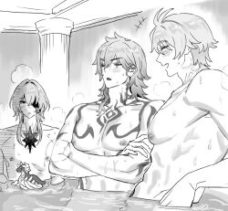  +++ 35684187031 3boys abs anaxa_(honkai:_star_rail) blush body_markings broad_shoulders closed_eyes collarbone crossed_arms eyepatch greyscale hair_behind_ear hair_between_eyes highres holding honkai:_star_rail honkai_(series) laughing male_focus medium_hair monochrome multiple_boys mydei_(honkai:_star_rail) neck_tattoo nipples one_eye_covered open_mouth partially_submerged pectorals phainon_(honkai:_star_rail) pillar same-sex_bathing sauna shared_bathing short_hair sidepec steam tattoo water wet wet_hair 