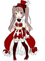  1girl arch_bishop_(ragnarok_online) bow bowtie breasts brown_bow brown_bowtie brown_hair brown_thighhighs commentary_request cross dress frilled_dress frills full_body hat hat_bow heart heart-shaped_pupils long_hair looking_at_viewer meiko_(nattu303) mini_hat mini_top_hat open_mouth pink_eyes ragnarok_online red_dress red_hat red_shoes sash shoes simple_background small_breasts solo standing symbol-shaped_pupils thighhighs top_hat triangle_mouth twintails two-tone_dress white_background white_dress yellow_sash 