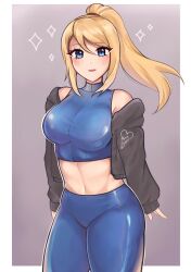  1girl alternate_costume bare_shoulders breasts crop_top highres leggings looking_at_viewer luci_(purrlucii) medium_breasts metroid navel nintendo ponytail samus_aran smile solo sparkle  rating:Sensitive score:15 user:danbooru