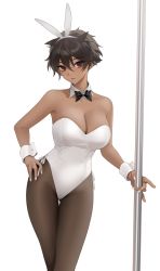  1girl animal_ears bad_id bad_twitter_id bare_shoulders breasts brown_hair commentary cowboy_shot dark-skinned_female dark_skin detached_collar english_commentary fake_animal_ears hand_on_own_hip highres leotard looking_at_viewer medium_breasts micchan_(ohisashiburi) ohisashiburi original pantyhose playboy_bunny pole rabbit_ears red_eyes solo strapless strapless_leotard wrist_cuffs  rating:Sensitive score:77 user:danbooru