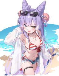  1girl :3 ahoge arm_up armpits bare_shoulders bikini black_choker blue_eyes blue_shorts breasts choker cone_hair_bun cutoffs denim denim_shorts exposed_pocket eyewear_on_head fang front-tie_bikini_top front-tie_top hair_bun hair_rings halterneck hashtag-only_commentary heterochromia highres holding holding_hose hose ika_(4801055) jewelry long_hair long_sleeves looking_at_viewer micro_shorts navel necklace off_shoulder open_clothes open_fly open_mouth open_shirt purple_hair red_bikini shirt short_shorts shorts skindentation small_breasts smile solo stellive stomach string_bikini striped_bikini striped_clothes sunglasses swimsuit tenko_shibuki thigh_strap v-shaped_eyebrows very_long_hair virtual_youtuber white_shirt yellow_eyes 