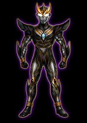  1boy abs absurdres alien alternate_design armor aura black_armor black_background black_gauntlets black_gemstone black_skin breastplate clenched_hands color_timer colored_skin commentary compound_eyes crossover dorsal_fin forehead_jewel full_body fusion gauntlets glowing glowing_eyes gold_horns gold_trim highres horns kamen_rider kamen_rider_kuuga kamen_rider_kuuga_(series) kamen_rider_kuuga_(ultimate_form) knee_pads legs_apart looking_at_viewer male_focus multicolored_skin muscular muscular_male neofrontier outline pectorals purple_aura shoulder_armor shoulder_pads silver_skin simple_background solo spikes stag_beetle standing tokusatsu trait_connection ultra_series ultraman_tiga ultraman_tiga_(series) ultraman_tiga_(tiga_dark) white_eyes yellow_outline 