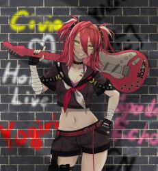  1girl absurdres bandaid belt black_gloves black_nails black_shirt black_shorts bra breasts brick_wall character_name cleavage copyright_name fingerless_gloves gloves graffiti grin guitar hair_between_eyes heart highres holding holding_guitar holding_instrument hololive hololive_china instrument multicolored_hair navel neckerchief ocha_(ocha_illust) paw_print purple_bra red_belt red_hair shirt shorts smile solo teeth two-tone_hair two_side_up underwear virtual_youtuber white_hair yellow_eyes yogiri_(hololive) 