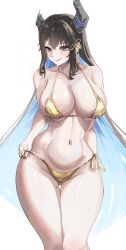  absurdres asymmetrical_horns bikini black_hair blue_hair blush breasts cleavage cowboy_shot gold_bikini golden_week golden_week_bikini harikyon_dzs highres hololive hololive_english horns large_breasts long_hair mole mole_on_leg nerissa_ravencroft purple_eyes side-tie_bikini_bottom swimsuit uneven_horns very_long_hair virtual_youtuber 