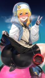 1boy androgyne_symbol androgynous aqua_eyes arc_system_works ass ball bike_shorts bike_shorts_under_skirt black_gloves blonde_hair blue_background blush bow bridget_(guilty_gear) bulge clothes_lift commentary erection erection_under_clothes exercise_ball fingerless_gloves from_behind gloves gradient_background guilty_gear guilty_gear_strive habit heavy_breathing holding holding_weapon hood hooded_jacket hoodie huge_ass impossible_clothes jacket long_sleeves looking_at_viewer male_focus medium_hair naughty_face nori_(artist) open_clothes open_jacket penis puffy_sleeves shoes short_hair sitting skin_tight skirt skirt_lift small_penis socks solo teeth trap tucked_penis turtleneck upper_teeth_only v wariza weapon wide_hips yo-yo 