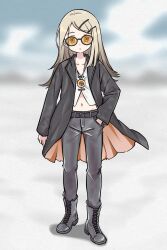  1girl belt black_belt black_coat black_pants blonde_hair boots coat cosplay earrings fate/grand_order fate_(series) full_body gakuen_idolmaster hair_ornament hairclip highres idolmaster jewelry long_hair long_sleeves looking_at_viewer mwm5 navel necklace orange-tinted_eyewear pants parted_lips shinosawa_hiro solo tezcatlipoca_(fate) tezcatlipoca_(fate)_(cosplay) tinted_eyewear 