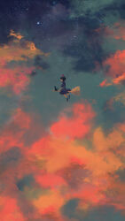  1girl 1other absurdres black_cat black_hair blue_dress broom cat commentary dkaism dress faceless from_side gradient_sky hat highres kiki_(majo_no_takkyuubin) majo_no_takkyuubin non-web_source object_riding painterly scenery shoes size_difference sky star_(sky) starry_sky sunset 