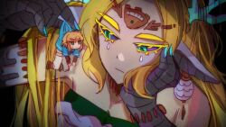  1boy 1girl alternate_form bare_shoulders blonde_hair bracelet circle colored_sclera dragon_girl dragon_horns dress earrings giant giantess hand_on_own_face highres horns jewelry lifting_person light_dragon_(zelda) link looking_at_another mori_(vvmorivv) nintendo pointy_ears princess_zelda purple_sclera strapless strapless_dress the_legend_of_zelda the_legend_of_zelda:_tears_of_the_kingdom 
