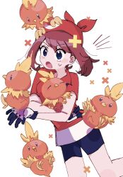  1girl bandana beak bike_shorts bike_shorts_under_shorts bird blue_eyes blush breasts brown_hair closed_eyes closed_mouth gen_3_pokemon gloves highres may_(pokemon) nintendo open_mouth piyo_(toripoke710) pokemon pokemon_(creature) pokemon_rse red_bandana red_shirt shirt short_hair shorts shorts_under_shorts simple_background torchic white_background 
