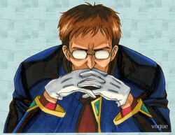  1990s_(style) blue_jacket brown_hair gendou_pose glasses gloves hands_clasped ikari_gendou jacket male_focus marker_(medium) neon_genesis_evangelion own_hands_clasped own_hands_together retro_artstyle solo traditional_media vogue white_gloves 