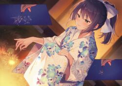  1girl black_hair blush bow dutch_angle fireworks floral_print floral_print_kimono furisode_sleeves green_eyes hair_bow holding holding_fireworks hoshigami_luna ichikawa_haru japanese_clothes kimi_wa_hatsukoi_no_hito_no_musume kimono looking_down night novel_illustration official_art paneled_background ponytail print_kimono second-party_source senkou_hanabi smile solo sparkler squatting 