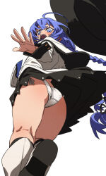  1girl ahoge ass black_ribbon blue_eyes blue_hair blush boots braid clothes_lift coat fu-ta hat long_hair looking_at_viewer looking_down mushoku_tensei open_mouth panties ribbon roxy_migurdia side-tie_panties single_braid skirt skirt_lift solo standing teeth thighs underwear upper_teeth_only very_long_hair white_background white_coat white_panties witch_hat 