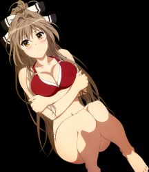  10s 1girl amagi_brilliant_park barefoot bikini breasts brown_hair embarrassed feet female_focus highres large_breasts sento_isuzu solo swimsuit takemoto_yasuhiro 