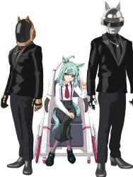  ahoge animal_ears black_jacket black_pants crossed_legs daft_punk earclip facing_viewer full_body guy-manuel_de_homem-christo hair_ornament hairclip highres horse_ears horse_girl index_finger_raised jacket long_sleeves looking_at_viewer medium_hair mole mole_under_eye necktie pants purple_eyes red_necktie simple_background sugar_lights_(umamusume) thomas_bangalter tie_clip umamusume wheelchair white_background zenbrush2 