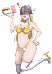  1girl angewomon bare_shoulders boots breasts collarbone covered_eyes digimon digimon_(creature) digimon_adventure female_focus hand_on_own_hip head_wings helmet helmet_over_eyes highres open_mouth pabsmikan panties plate simple_background small_breasts thigh_boots underwear white_background wings 