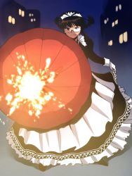  1girl akizuki_ritsuko apron black_lagoon braid chiaki_rakutarou cosplay curtsey female_focus firing gun idolmaster idolmaster_(classic) maid maid_apron maid_headdress roberta roberta_(black_lagoon) roberta_(black_lagoon)_(cosplay) roberta_(cosplay) short_hair skirt_hold smile solo twin_braids umbrella umbrella_gun weapon 