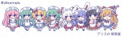  6+girls adapted_costume alice_margatroid alternate_costume animal_ears apron blonde_hair blue_eyes blue_skirt bow bowtie brown_hair brown_horns capelet chibi chibi_only closed_eyes closed_mouth commentary enmaided facing_viewer flower fox_mask frilled_skirt frills frog_hair_ornament fujiwara_no_mokou gohei gourd_hair_ornament green_eyes green_hair grey_hair hair_bow hair_ornament hashtag-only_commentary hata_no_kokoro highres holding holding_flower holding_gohei holding_mask horns houraisan_kaguya ibuki_suika kazami_yuuka kochiya_sanae long_hair long_sleeves looking_at_viewer maid maid_headdress mask multiple_girls multiple_hair_bows necktie one_eye_closed oni pants pink_hair pink_shirt purple_hair purple_skirt rabbit_ears rabbit_girl rabbit_hair_ornament red_bow red_bowtie red_eyes red_necktie red_pants red_skirt reisen_udongein_inaba shanghai_doll shirt silverrain skirt smile snake_hair_ornament sunflower touhou twitter_username very_long_hair waist_apron watermark watermark_grid white_apron white_bow white_capelet wide_sleeves yellow_flower 