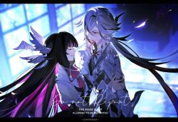  2girls alternate_costume angel_wings arlecchino_(genshin_impact) black_pants blood blood_from_mouth blood_on_face bloodbo blue_background blunt_bangs blurry blurry_background chinese_commentary closed_mouth collared_jacket columbina_(genshin_impact) commentary_request commission couple dress feathered_wings feathers formal_clothes from_side genshin_impact glowing glowing_feather gradient_hair grey_hair grey_jacket grey_suit grey_vest hair_between_eyes head_wings indoors jacket juliet_sleeves long_hair long_sleeves looking_down low_ponytail multicolored_dress multicolored_hair multiple_girls pants parted_lips ponytail puffy_sleeves purple_hair red_pupils smile standing streaked_hair suit suit_jacket symbol-shaped_pupils teeth twitter vest watermark white_wings wide_sleeves window_shadow wings x-shaped_pupils yuri 