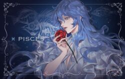  1boy 632698090 absurdres alternate_costume androgynous bishounen blue_eyes blue_hair casual fish_skeleton flower frilled_shirt frills hand_up highres holding holding_flower long_hair male_focus parted_lips pisces_(symbol) pisces_(zodiac) pisces_aphrodite red_flower red_rose rose saint_seiya shirt white_shirt zodiac 