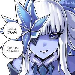 black_sclera blue_eyes blue_skin colored_sclera colored_skin english_text ice looking_at_viewer monster_girl monster_girl_encyclopedia one_eye_covered portrait pov skai_art smile speech_bubble tsurara_onna_(monster_girl_encyclopedia) white_hair