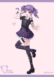  1girl :d absurdres bang_dream! bat_(animal) belt black_belt black_shirt black_shoes black_thighhighs bone_print bracelet chain fang frilled_skirt frills full_body heart highres horizontal-striped_thighhighs jewelry looking_at_viewer open_mouth purple_background purple_hair purple_skirt purple_thighhighs red_eyes shirt shoes short_sleeves single_bare_shoulder single_fishnet_armwear skirt smile solo thighhighs torn torn_clothes torn_thighhighs twintails two-tone_thighhighs udagawa_ako udagawang watermark white_background 
