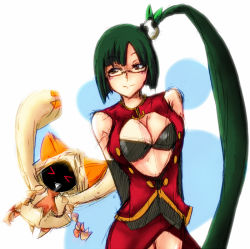  17481519_(pixiv408770) 2girls animal_ears arms_behind_back bad_id bare_shoulders black_bra blazblue blazblue:_calamity_trigger blonde_hair bra braid breasts brown_eyes cat_ears cat_girl china_dress chinese_clothes cleavage cleavage_cutout clothing_cutout dress female_focus glasses green_hair happy hood lao_jiu lingerie litchi_faye_ling long_hair multiple_girls ponytail taokaka twin_braids underwear very_long_hair 