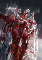  animal armor armored_core armored_core_vi:_fires_of_rubicon beam_rifle dog energy_gun ghost glowing glowing_eyes gun hal_826 handler_walter highres holding holding_gun holding_weapon leash mecha mecha_focus no_humans red_armor robot science_fiction weapon 