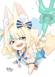 1girl absurdres ahoge animal_ears anmc blonde_hair blue_bow blue_eyes blue_hair blue_nails bow cat_ears dress fins fish_girl fish_tail hair_bow highres holding holding_polearm holding_weapon indie_virtual_youtuber lifebuoy_hair_ornament long_hair low_twintails multicolored_hair nail_polish one_side_up polearm sameko_saba short_shorts shorts sleeveless sleeveless_dress smile solo streaked_hair tail teeth twintails upper_teeth_only very_long_hair virtual_youtuber weapon white_dress white_shorts 