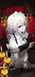  1girl absurdres apron black_dress blue_eyes braid breasts candlestand commentary_request dress expressionless from_above full_body hair_between_eyes hair_ribbon highres hira-san holding holding_knife izayoi_sakuya knife maid maid_apron maid_headdress medium_breasts medium_hair multiple_knives pale_skin ribbon scarlet_devil_mansion short_sleeves solo stairs touhou twin_braids white_hair white_sleeves 