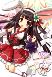  1girl akino_sakura animal_ear_hairband animal_ears black_hair corset detached_sleeves emil_chronicle_online fake_animal_ears flower frilled_skirt frilled_sleeves frills hair_flower hair_ornament hairband holding holding_rod nontraditional_miko rabbit_ear_hairband rabbit_ears red_eyes red_ribbon red_skirt ribbon rod shugoma_mutsuki skirt thighhighs white_thighhighs 