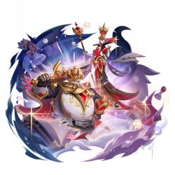  1boy 1girl armor artist_request barbeloth_(genshin_impact) beard blue_hat book bookmark breastplate cape chess_piece collared_cape crown dodoco_(genshin_impact) dress energy facial_hair floating gauntlets gem genshin_impact glint gold_trim greatsword hand_up hat high_collar holding holding_staff holding_sword holding_weapon hourglass king_piece_(genshin_impact) knight_(chess) looking_at_viewer official_art open_book pawn_(chess) queen_piece_(genshin_impact) red_cape red_dress red_gemstone rook_(chess) small_stellated_dodecahedron smoke sparkle staff standing sword third-party_source transparent_background weapon 