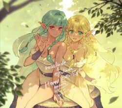  2girls aqua_hair blonde_hair blurry blurry_foreground braid breasts character_name cleavage closed_mouth collarbone commentary_request dark-skinned_female dark_skin eltolinde_(unicorn_overlord) falling_leaves floating_hair groin hair_tubes happy_birthday leaf leotard long_hair looking_at_viewer medium_breasts multiple_girls nerikiri6 on_tree_stump open_mouth pointy_ears red_eyes rosalinde_(unicorn_overlord) sitting smile twin_braids unicorn_overlord watermark white_leotard 