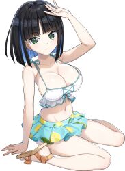  1girl bikini black_hair blue_hair breasts cleavage dolphin_wave eines_(dolphin_wave) fruit_print green_eyes highres lemon_print midriff multicolored_hair navel official_art ootomo_takuji pale_skin sandals skirtini solo swimsuit transparent_background  rating:General score:16 user:redweptef12
