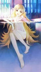  10s 1girl barefoot bath blonde_hair censored completely_nude convenient_censoring convenient_leg fangs feet female_focus flat_chest hand_on_own_chest head_tilt highres legs long_hair long_legs monogatari_(series) nisemonogatari nude open_mouth oshino_shinobu partially_submerged partially_underwater_shot pointy_ears sitting smile solo underwater very_long_hair water yellow_eyes zrero  rating:Questionable score:29 user:danbooru