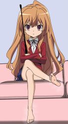  &gt;:&lt; 1girl :&lt; aisaka_taiga barefoot bdsm blue_skirt brown_eyes buttons collared_shirt couch crossed_arms crossed_legs domination dot_nose feet femdom foot_focus full_body hair_between_eyes jacket legs blue_background light_brown_hair long_hair long_sleeves looking_at_viewer neck_ribbon pleated_skirt red_jacket ribbon riding_crop school_uniform shirt simple_background sitting skirt soles sweat sweatdrop toenails toes toradora! tsundere very_long_hair wavy_hair white_shirt 
