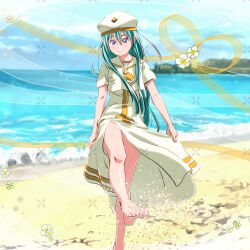  1girl alice_carroll aqua_hair aria_(manga) bare_legs barefoot beach beret blue_eyes blush closed_mouth day dress eyelashes foot_out_of_frame hair_between_eyes hat kicking koorogi_(kijinabe_to_kitsunedon) long_dress long_hair looking_at_viewer necktie ocean orange_planet_uniform outdoors sailor_collar short_sleeves side_slit sidelocks skirt_hold smile solo sparkle standing standing_on_one_leg toes very_long_hair white_dress white_hat white_sailor_collar yellow_necktie 